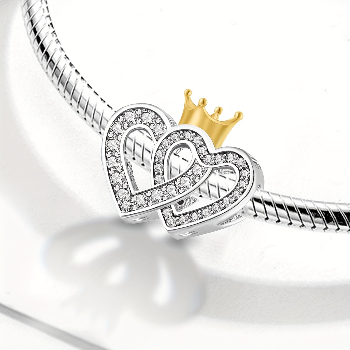 Women's 925 Silver Plated Crown Double Heart Bead for Jewelry Making